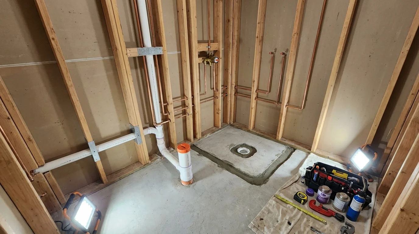 Bathroom rough-in plumbing during remodel by Johns Plumbing LLC in Port Charlotte
