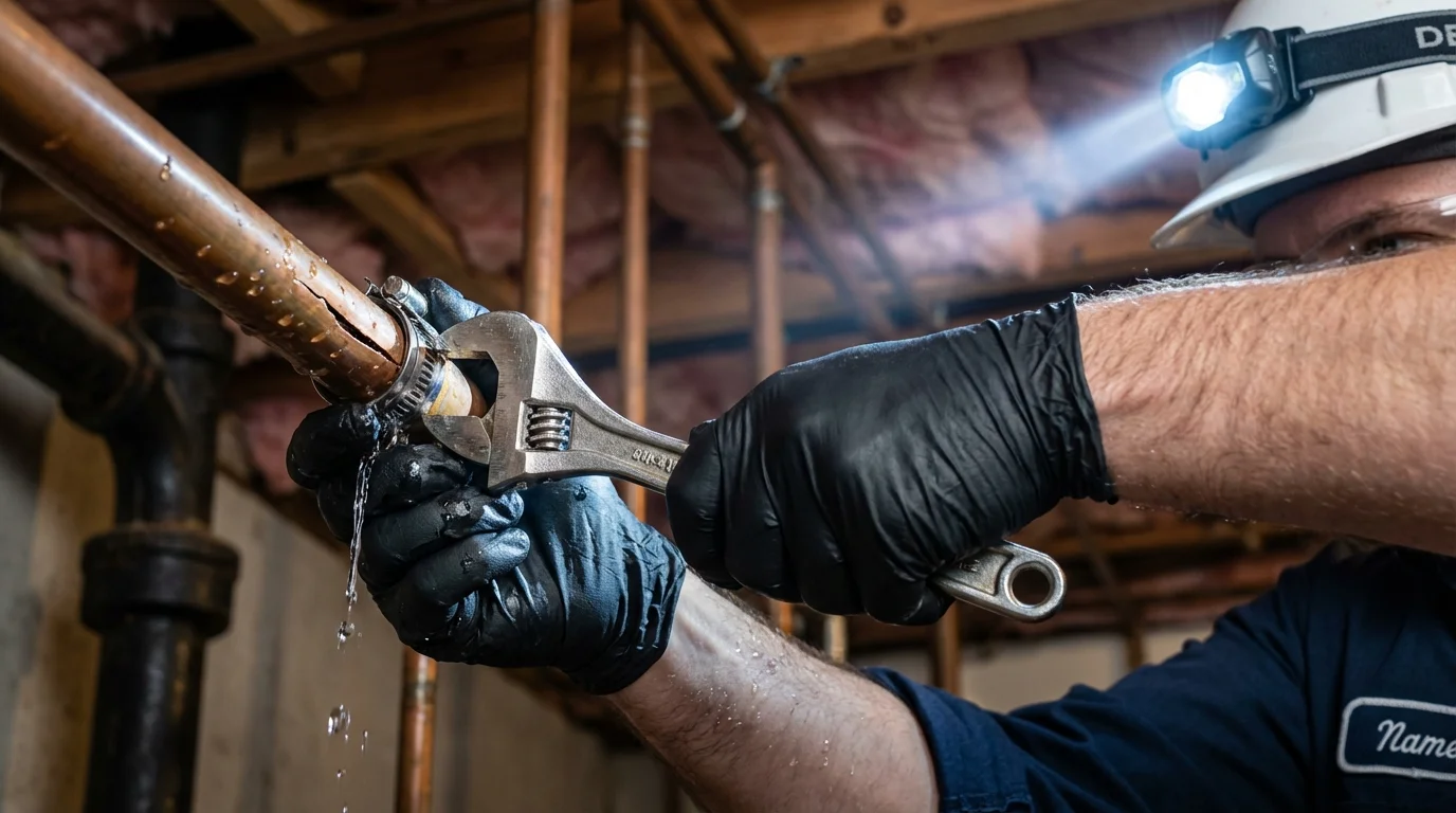 Emergency pipe clamp repair being performed by a Johns Plumbing LLC plumber in Port Charlotte