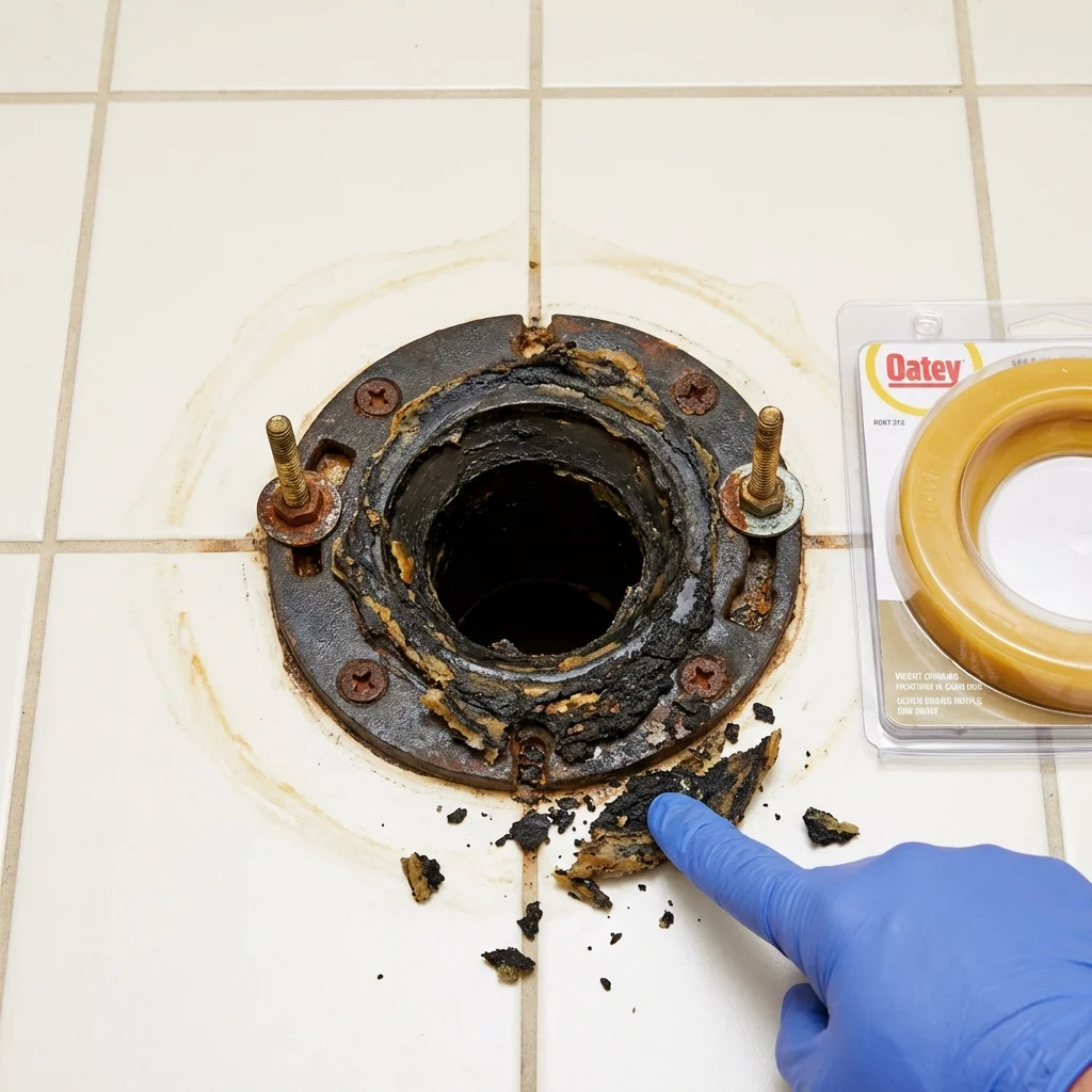 Failed wax ring showing water seepage at the base of a toilet in a Port Charlotte, FL home