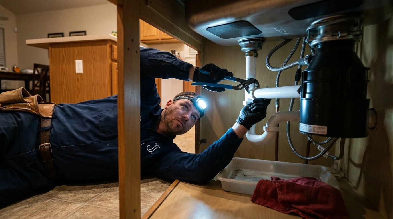 P-trap and supply line connections under a kitchen sink showing a common leak point in Port Charlotte, FL